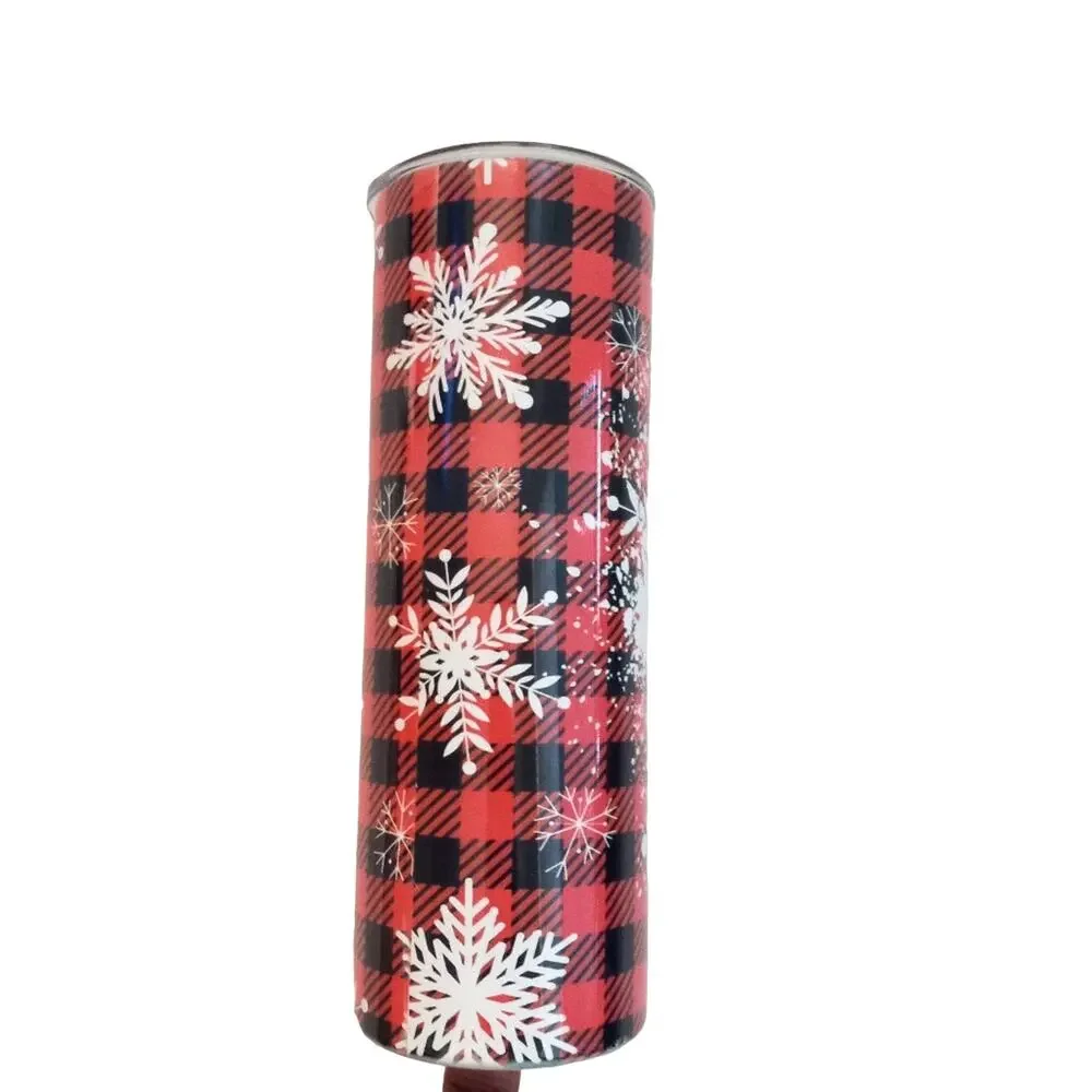 Let it Snow Red Buffalo Plaid Snowflake 20 oz. Skinny Tumbler cup Hot Cold Drink